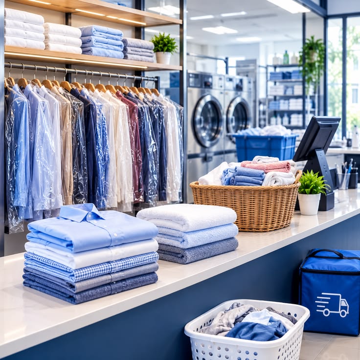 Commercial laundry room with neatly arranged clothes and towels for Frederick restaurants