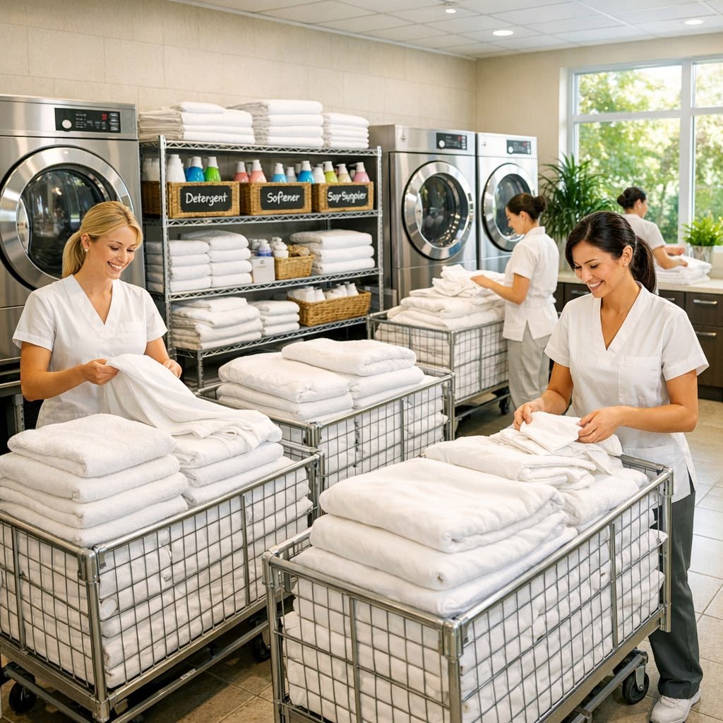 Women in white shirts and aprons working with commercial laundry equipment