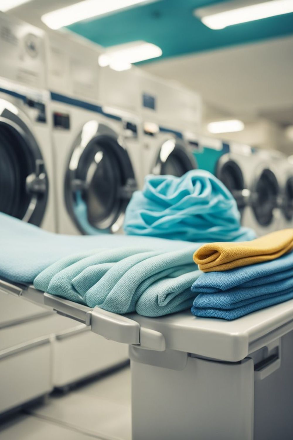 Commercial laundry room with washing machines and neatly stacked towels for restaurant laundry service in Frederick MD