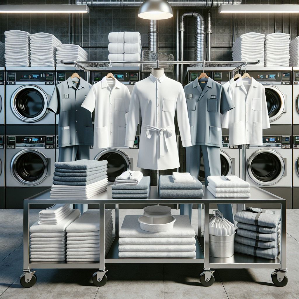 Commercial laundry room with clothing racks for local business laundry services