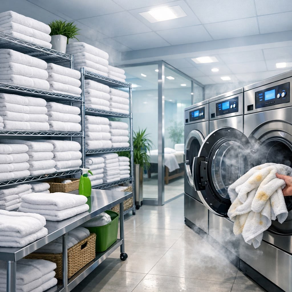 Person washing clothes in a commercial laundry room for restaurant laundry service
