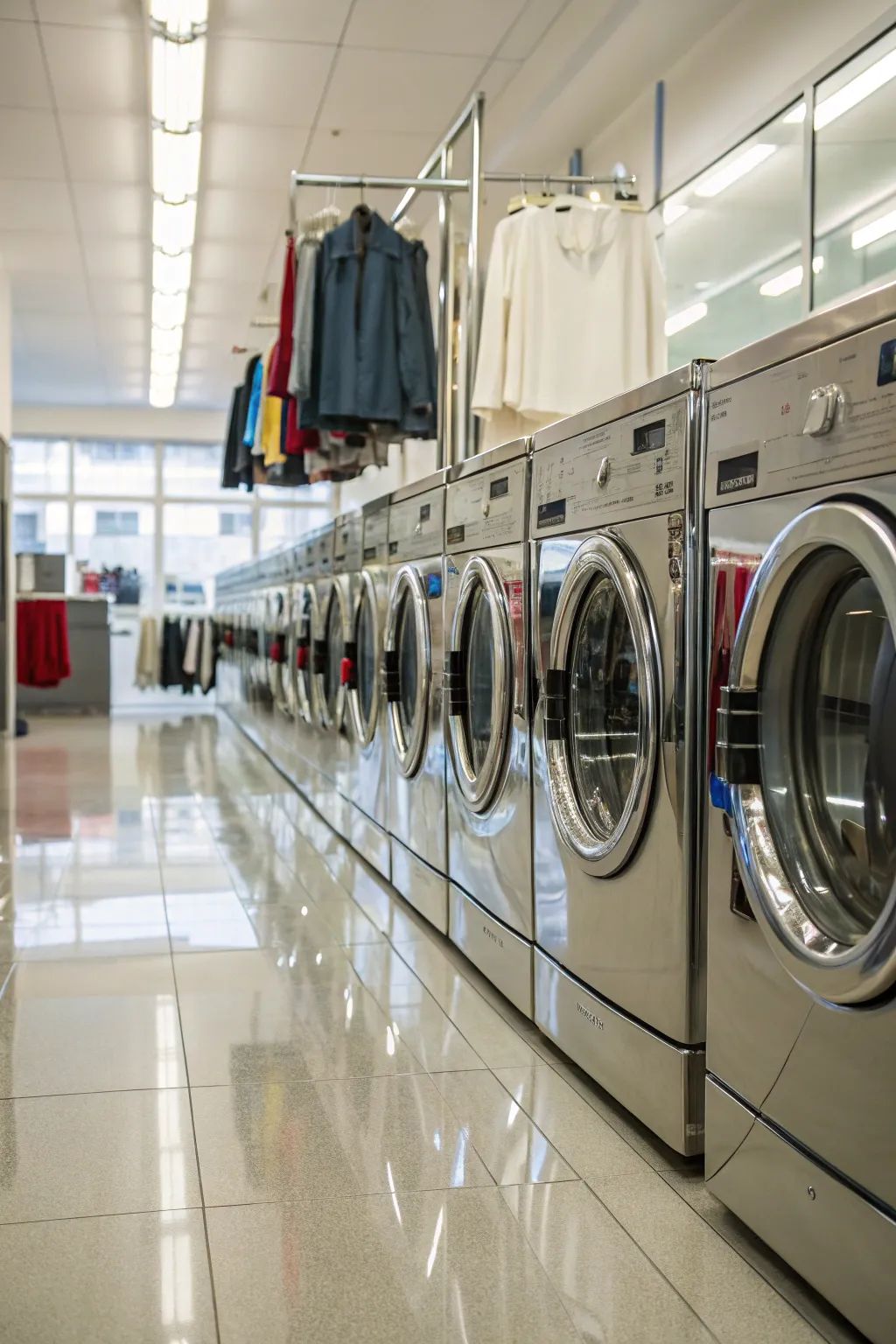 Commercial laundry washing machines in a modern laundry room for restaurant laundry service
