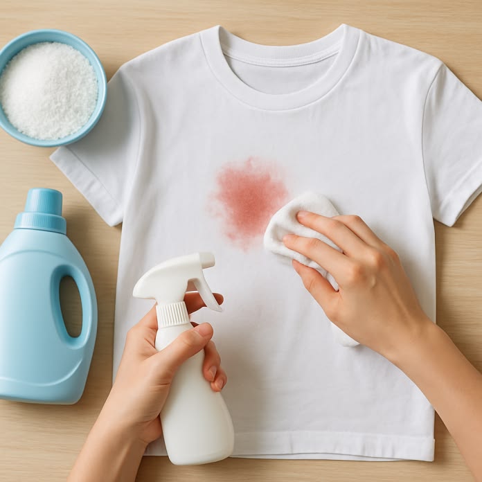 Woman demonstrating stain removal with a white T-shirt
