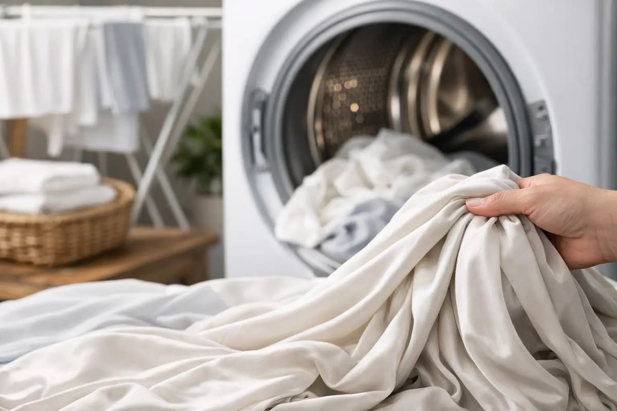 Person holding a white towel while preparing to do laundry