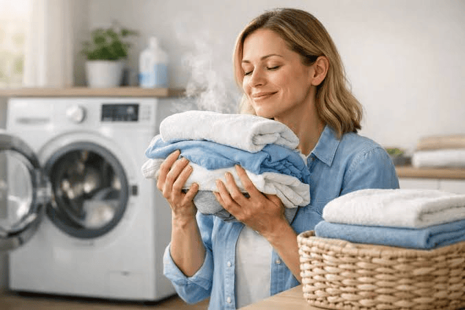 Woman holding a basket of freshly washed clothes near a washing machine